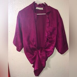 Satin Tie-Front Blouse in Rich Magenta Used